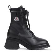 Zwarte Leren Enkellaarzen Vetersluiting Blokhak Moncler , Black , Dame...