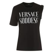 Goddess Front Print Katoenen T-shirt Versace , Black , Dames