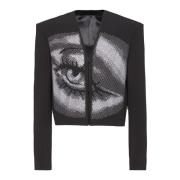 Geknipte crepe-jas met kristallen in een oogmotief Balmain , Black , H...