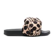 Zwarte rubberen sliders met geweven beige band en polkadotprint - Maat...