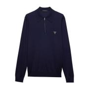 Geborduurd Logo Wol Gebreid Poloshirt Prada , Blue , Heren