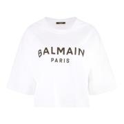 Geribbelde Katoenen Crew-Neck T-shirt Balmain , White , Dames