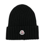 Zwarte Logo-Patch Beanie Hoed Moncler , Black , Dames