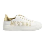 Witte Leren Sneaker met Gouden Strass Logo Moschino , White , Dames