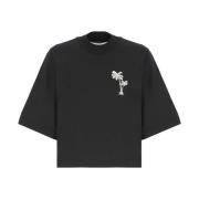 Zwart Katoenen T-shirt met Geborduurd Logo Palm Angels , Black , Dames