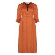 Crepe Jurk met Leren Details Yves Salomon , Orange , Dames