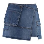 Asymmetrische Denim Mini Rok Msgm , Blue , Dames