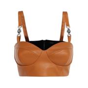 Leren Top met Zichtbare Stiksels Versace , Brown , Dames