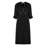 Stijlvolle Viscose Jurk met Leren Details Yves Salomon , Black , Dames