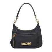 Zwarte Nylon Schoudertas met Metalen Logo Moschino , Black , Dames