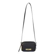 Zwarte Nylon Schoudertas met Metalen Logo Moschino , Black , Dames