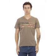 Artistiek V-hals T-shirt met Frontprint Trussardi , Brown , Heren