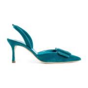 Blauwe Velvet Slingback Stiletto Hakken Manolo Blahnik , Blue , Dames