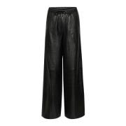 Zwarte Leren Wijde Pijp Broek Gestuz , Black , Dames