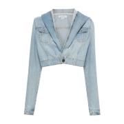 Heldere Blauwe Hooded Cropped Denim Jas Alaïa , Blue , Dames