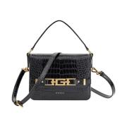 Echt lederen schoudertas - Croco patroon Guess , Black , Dames