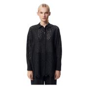 Elegante Katoenen Oversized Shirt met Engels Borduurwerk Bizuu , Black...