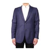 Blauwe Tartan Wollen Blazer Made in Italia , Blue , Heren