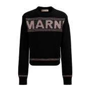 Intarsia Logo Wollen Trui Marni , Black , Heren