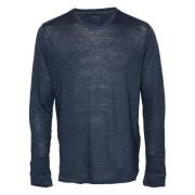 Blauw Linnen Crew Neck Lange Mouw 120% Lino , Blue , Heren