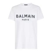 Eco-ontworpen katoenen T-shirt met flocklogo Balmain , White , Dames