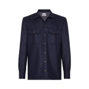 Navy Blauw Flanellen Overshirt Brunello Cucinelli , Blue , Heren