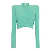 Crepe Wrap Cropped Top Balmain , Green , Dames