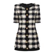 Gingham tweed en crepe jurk Balmain , Black , Dames