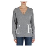 Wollen trui met V-hals en ribdetails Elisabetta Franchi , Gray , Dames