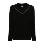 Zwarte Cashmere V-Hals Trui met Monili Kettingdetail Brunello Cucinell...