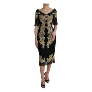 Zwart katoenen midijurk met bloemenkant Dolce & Gabbana , Black , Dame...