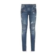 Vintage Wash Biker Denim Jeans Balmain , Blue , Heren