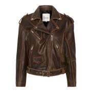 Bruin Retro Wash Leren Bikerjas My Essential Wardrobe , Brown , Dames