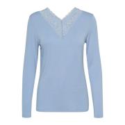 Vrouwelijke Kant Trim V-Hals Top Cream , Blue , Dames