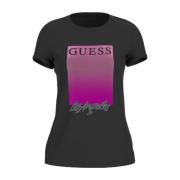 Zwarte katoenen T-shirt met strass detail Guess , Black , Dames