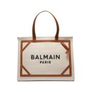 Beige Shopper Tas met Leren Details Balmain , Beige , Dames