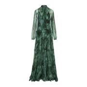 Groene Zijden Malachiet Patroon Lange Jurk Roberto Cavalli , Green , D...