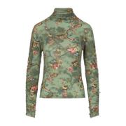 Bloemen Turtleneck Langemouw Top High , Green , Dames