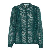 Mesh Blouse met Pofmouwen en Ruches Cream , Green , Dames