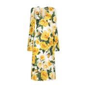 Rose Print V-Hals Jurk Geel Dolce & Gabbana , Yellow , Dames