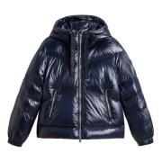 Blauwe Jassen met Capuchon en Logo Woolrich , Blue , Dames