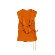 V-hals Crepe Top met Ruches Maliparmi , Orange , Dames