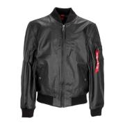 Zwarte leren bomberjack met rits Alpha Industries , Black , Heren