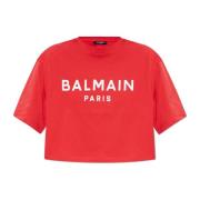 Korte T-shirt met bedrukt logo Balmain , Red , Dames