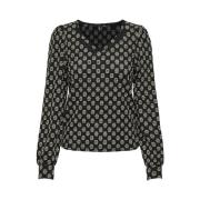 V-hals Puff Top Zwart Bloem Only , Black , Dames