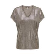 V-hals Top in Humus/Melange met Metallic Only , Brown , Dames