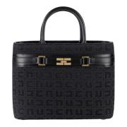 Zwarte Jacquard Shopper Tas met Gouden Logo Elisabetta Franchi , Black...