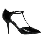 Zwarte leren T-strap stiletto hakken Dolce & Gabbana , Black , Dames