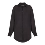 Dennis, oversized shirt in zwart ramie Cortana , Black , Dames