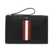 Saffiano Leren Lint Inlay Rits Pouch Bally , Black , Dames